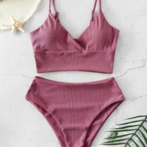 ZAFUL Ribbed High Cut Surplice Tankini Swimsuit